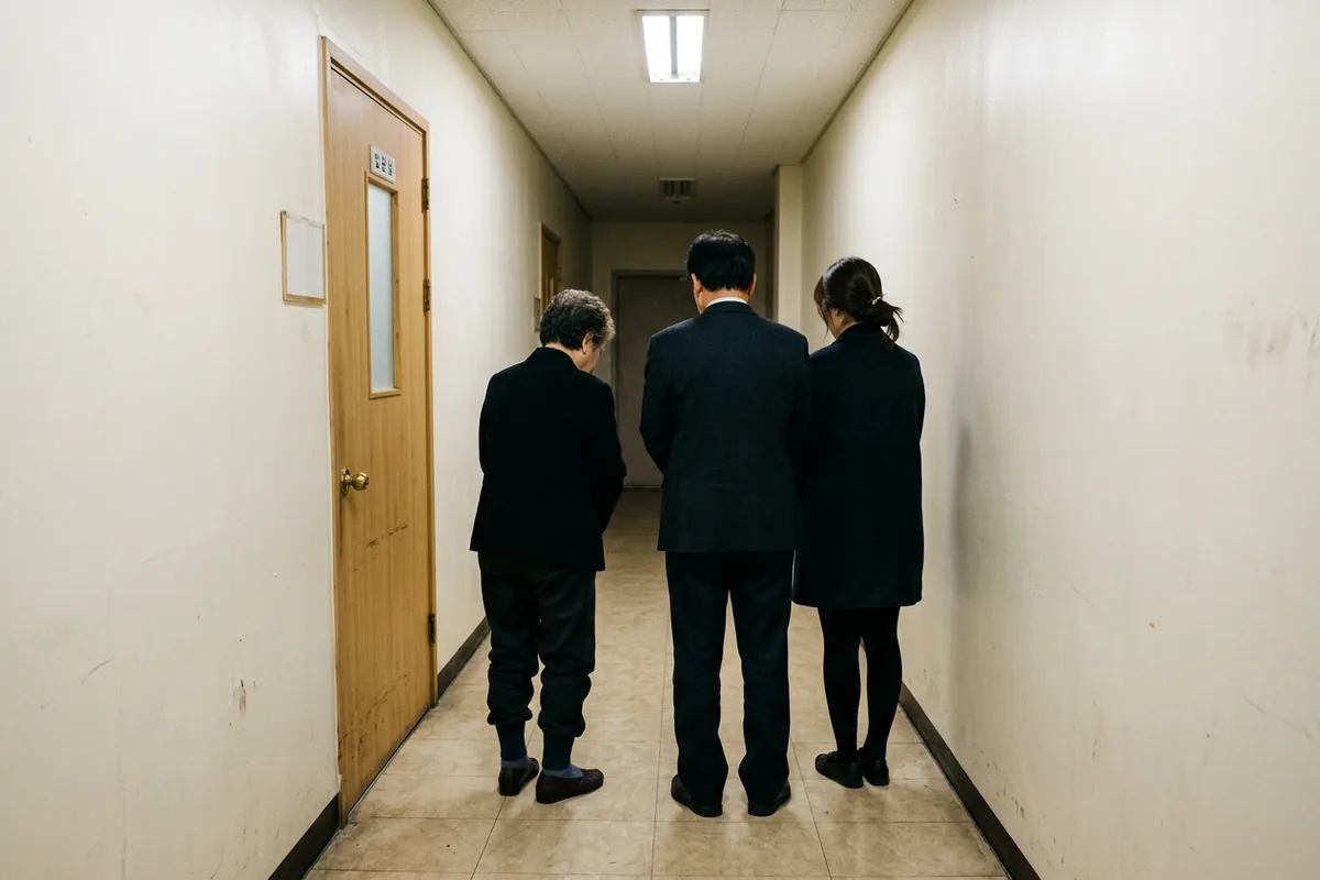 입관실 앞 복도에 선 가족의 뒷모습